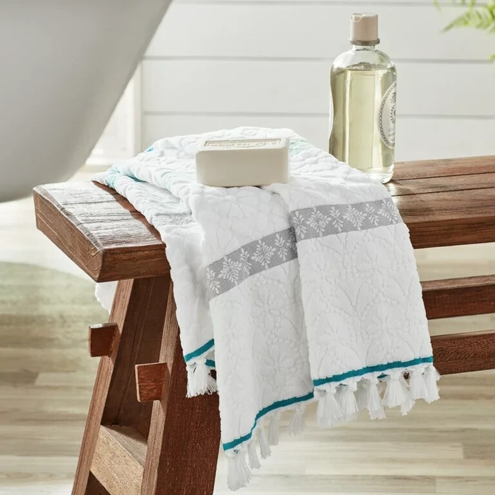 **SOLD** Pioneer Women Bath Towel Sculpted Striped Teal 27"x52" Floral Cotton.
